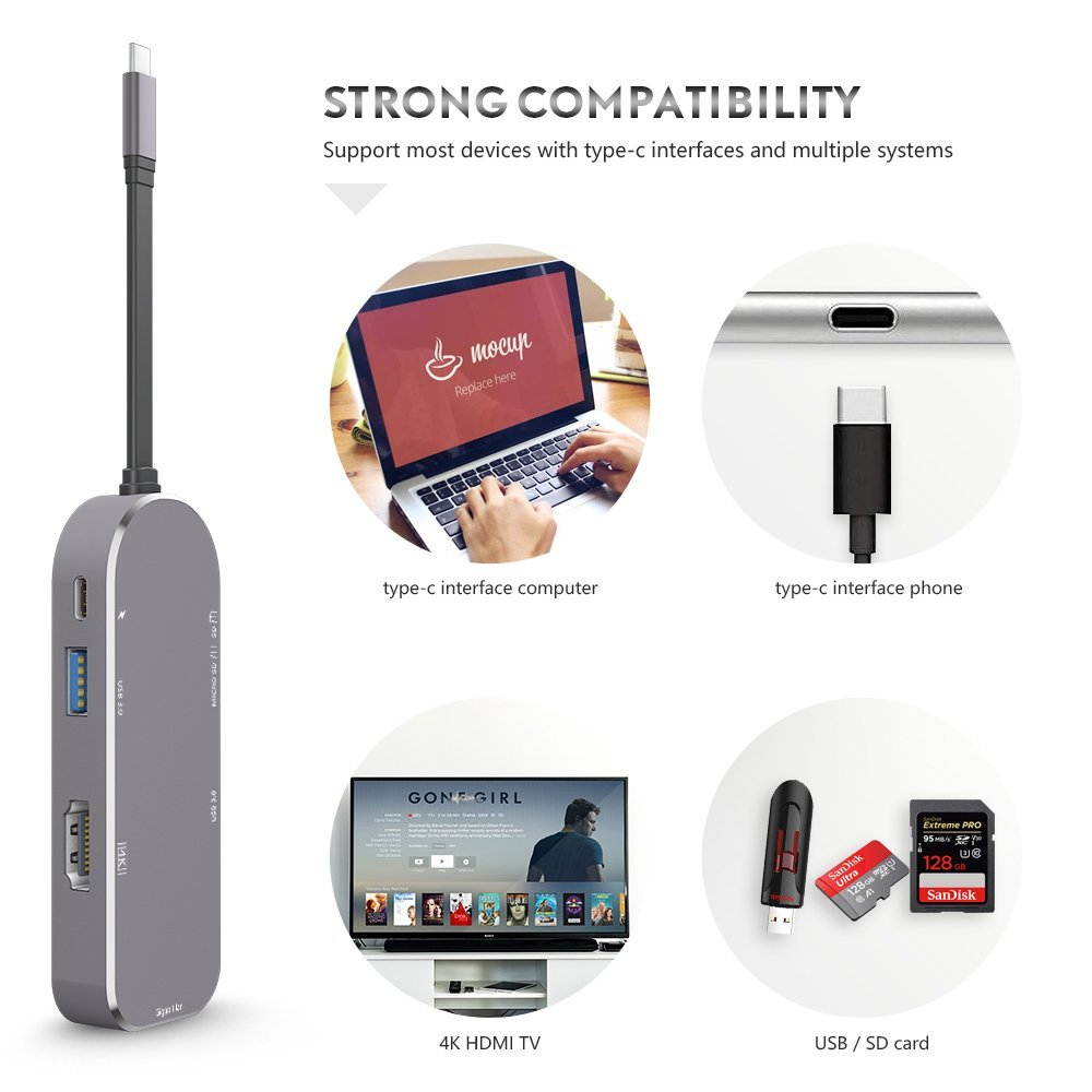 USB C Hub,Thunderbolt Type-C Adapter with 2 USB-C 3.0 Ports,SD/TF Card Reader,4K HDMI & PD Charging for Macbook Pro,Google Chromebook and More Type C Devices (Gray)