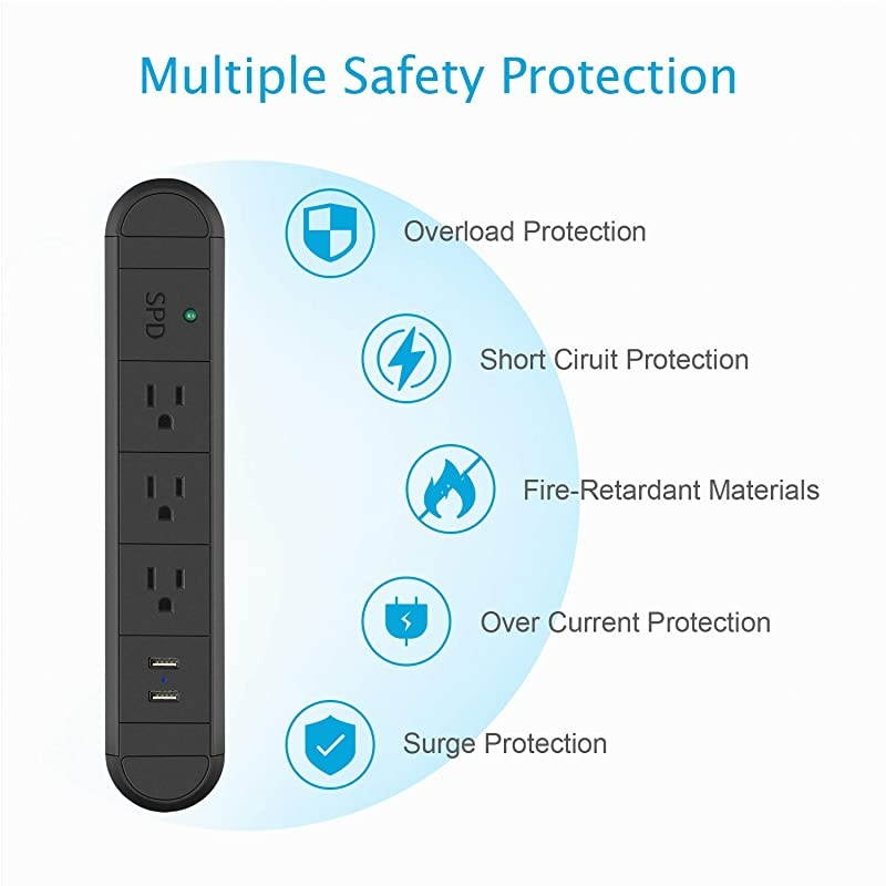 Recessed Power Strip with USB Ports Furniture Desk Recessed Plug Outlet Metal Surge Protector Power Strip with 656FT Cord 120V 12A 1440W
