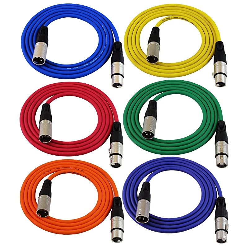 6ft Patch Cable Cords - XLR Male to XLR Female Color Cables - 6' Balanced Snake Cord - 6 Pack