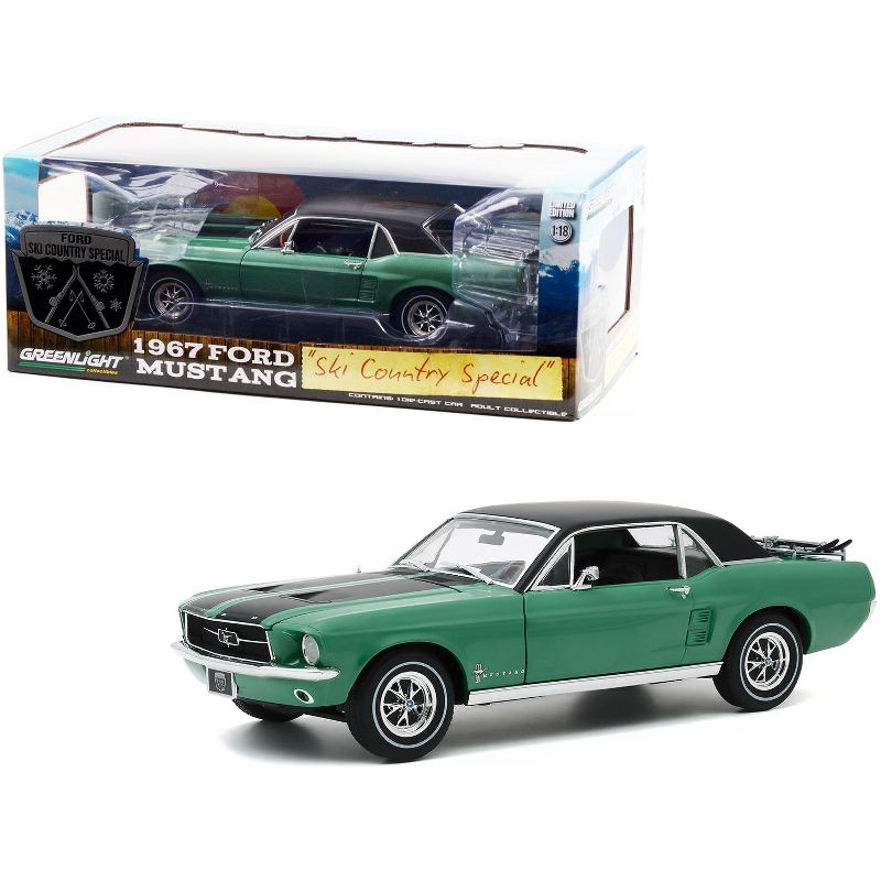 1967 Ford Mustang Coupe Loveland Green Metallic w/Black Stripes & Black Top & a Pair of Skis 1/18 Diecast Model Car Greenlight