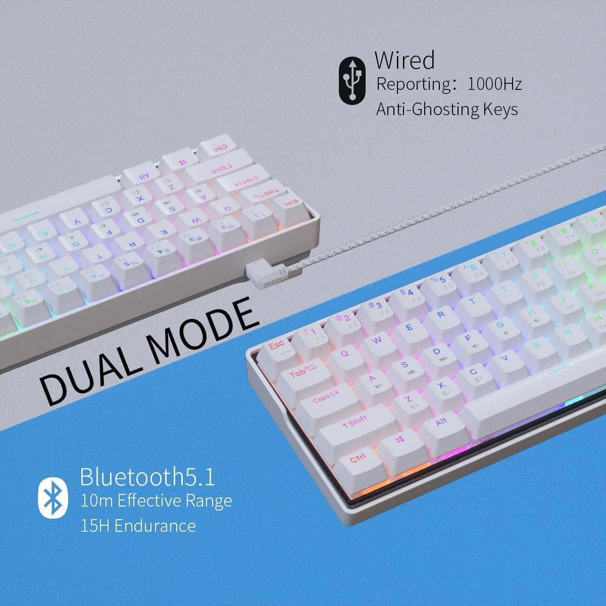 KEMOVE Snowfox Bluetooth 5.1 Wireless/Wired 60% Mechanical Keyboard - RGB Backlit 61 Keys Keyboard - Hot Swappable, PBT Keycap, Full Keys Programmable - White (Gateron Mechanical Switch)