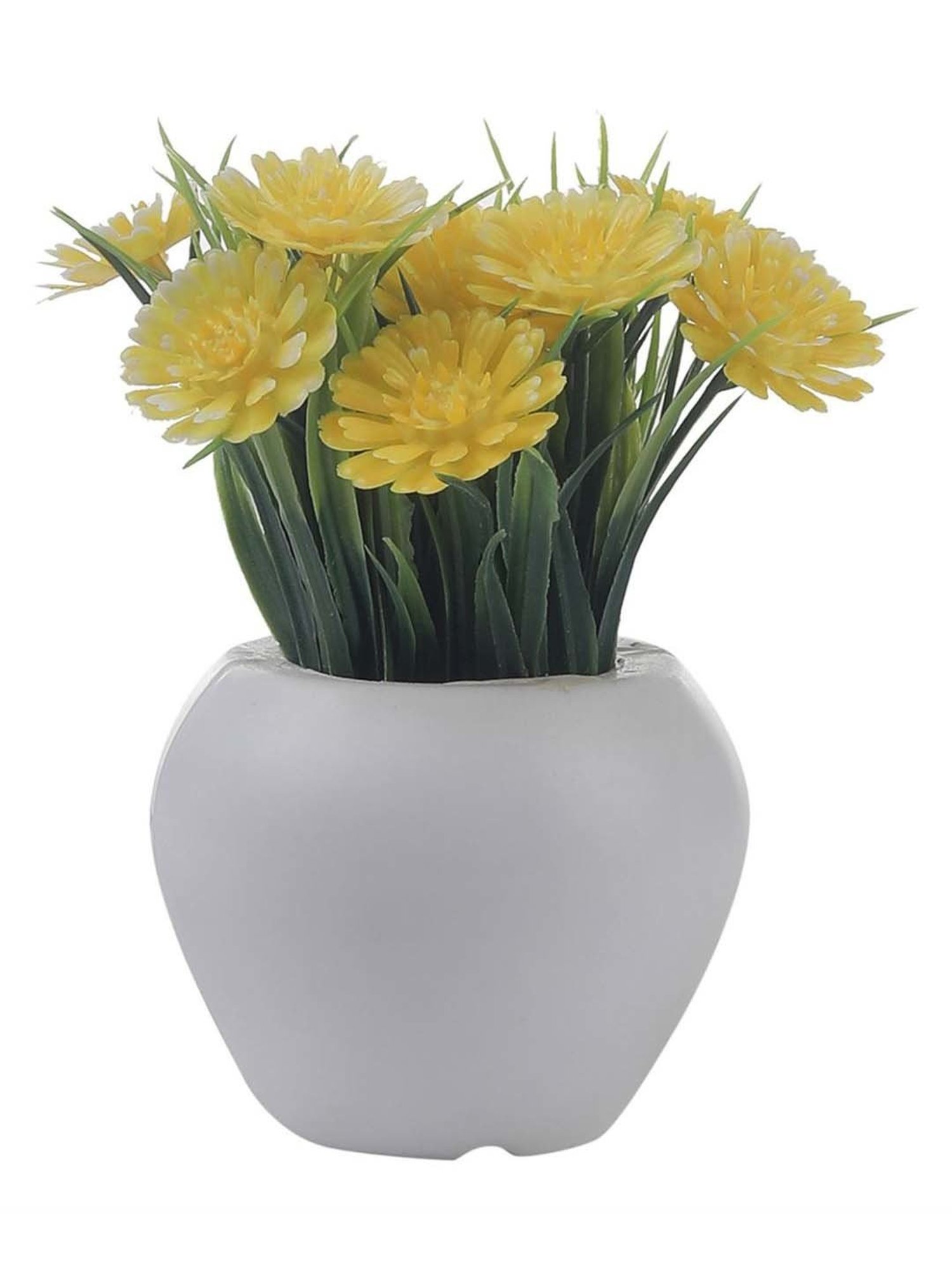 Foliyaj Yellow & White Plastic Artificial Mini Gerbera Plant With Thin Long Leaves - Set of 2
