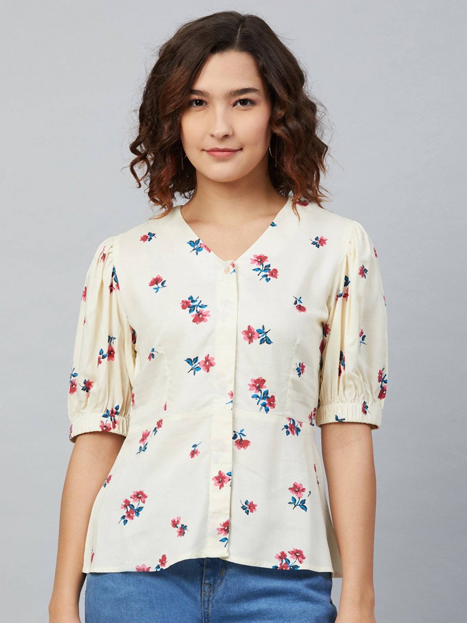 Carlton London Off White Floral Print Top