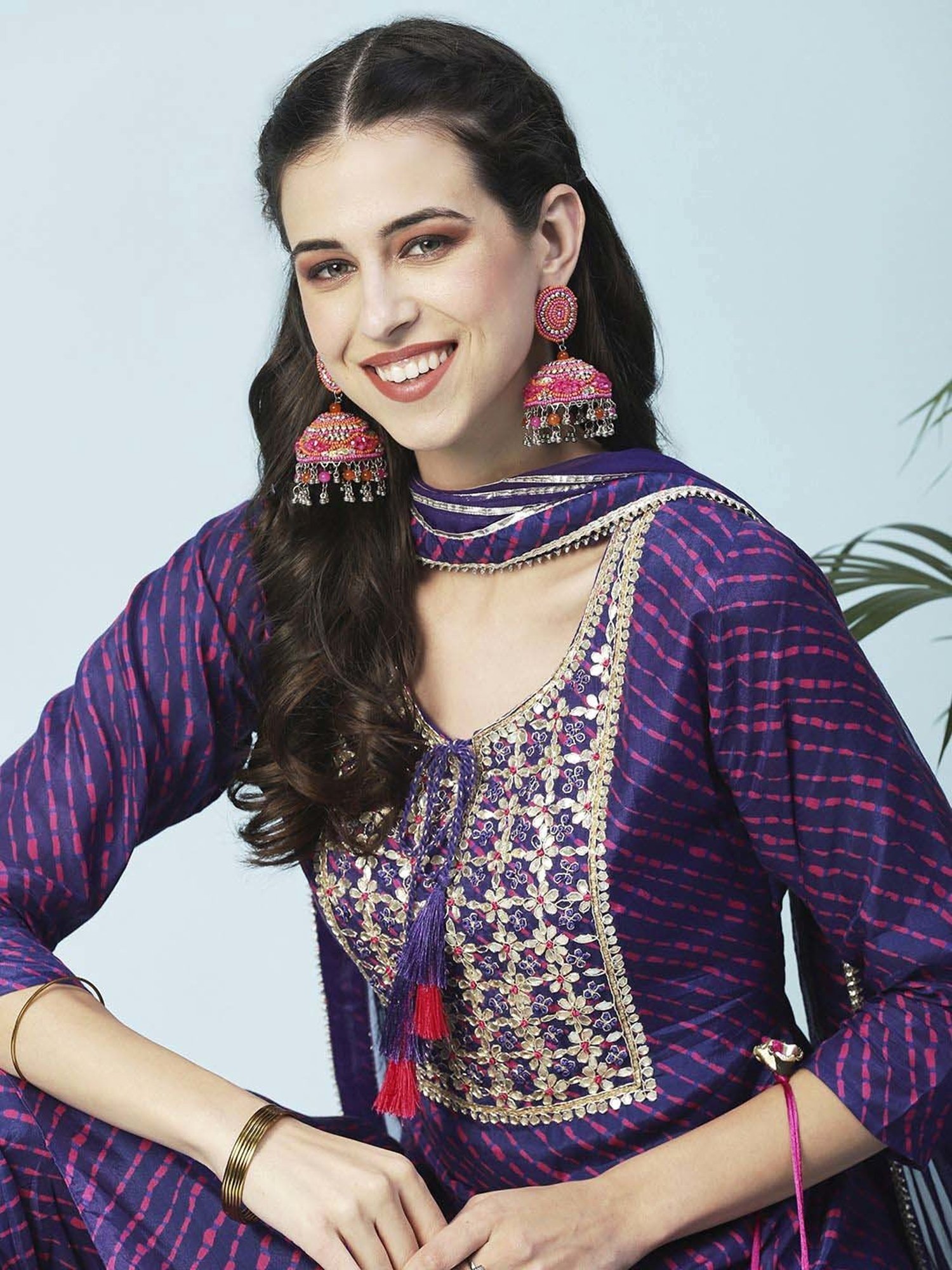 Fashor Purple Embroidered Kurti Dhoti Pant Set With Dupatta