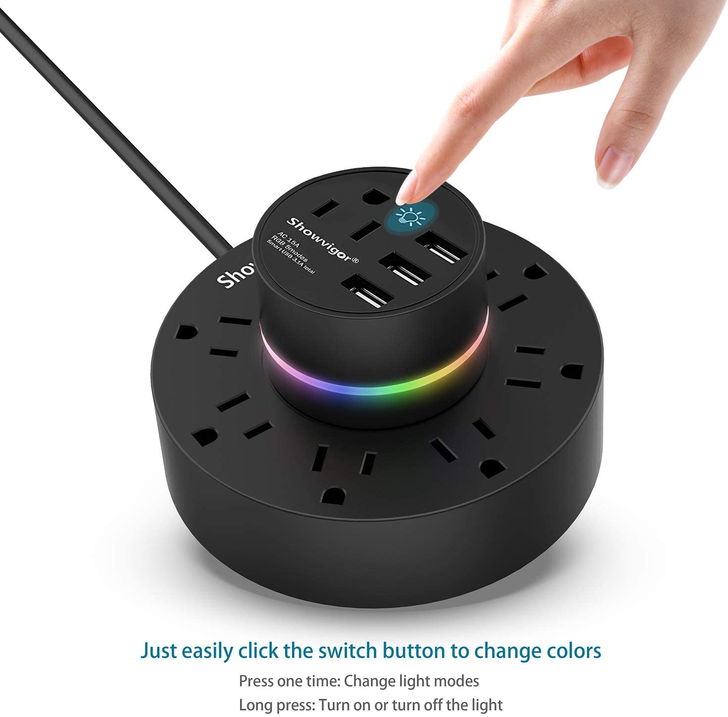 Power Strip with USB, 9-Outlet Surge Protector 3 USB Charging Ports with Sensor Night Light, 6ft Long Extension Cord, Flat Plug, 1875W/15A Compact Size for Travel, Home and Office, ETL Listed