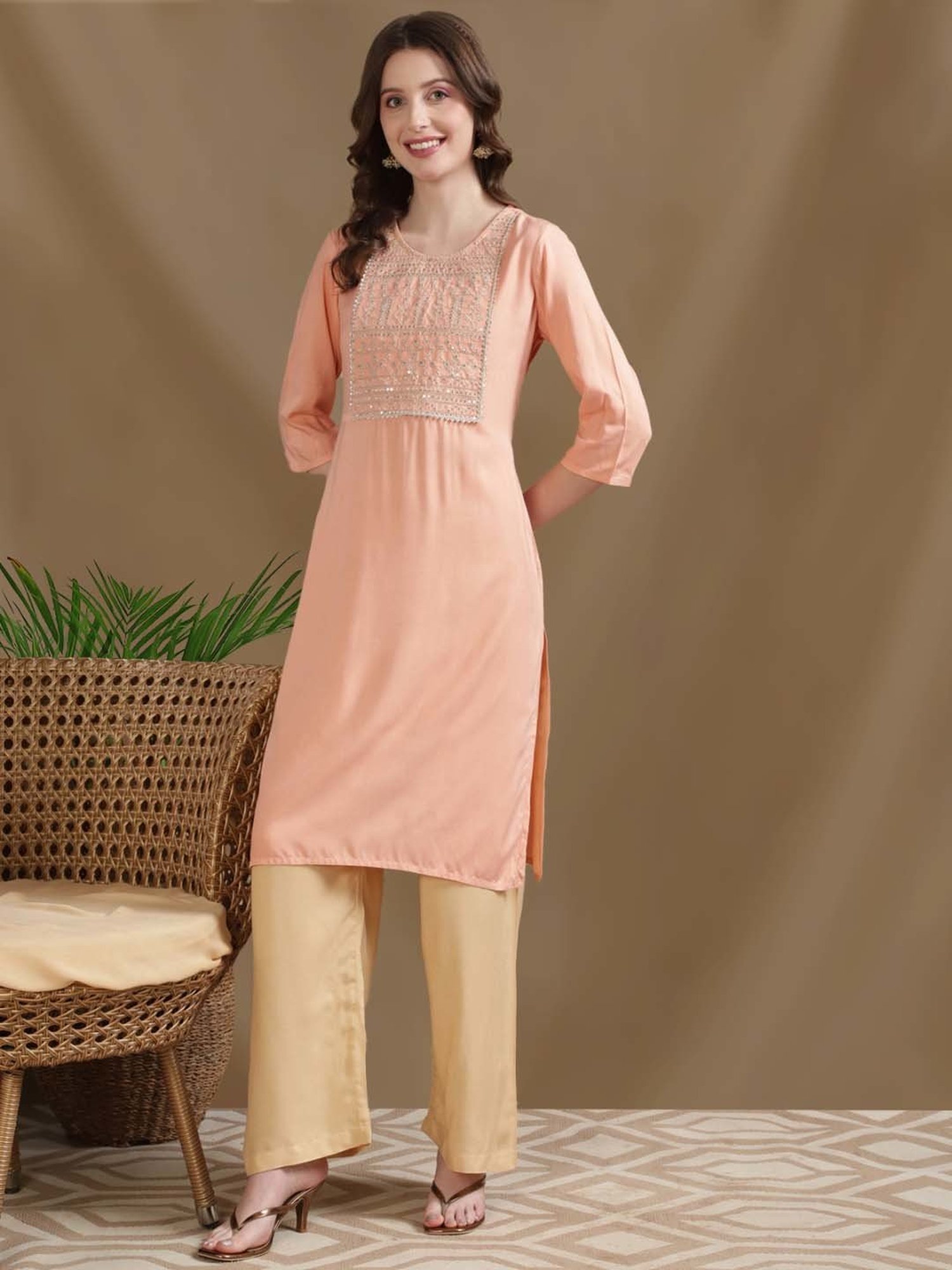 Rangita Peach & Off-White Embroidered Kurta Pant Set