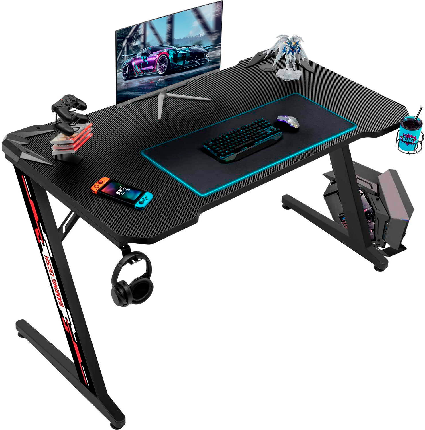 Homall Computer Gaming Desk Large Carbon Fiber Surface Computer Table Z-shaped Feet PC Desk with Cup Holder Headphone Hook Game Handle Rack (Black)