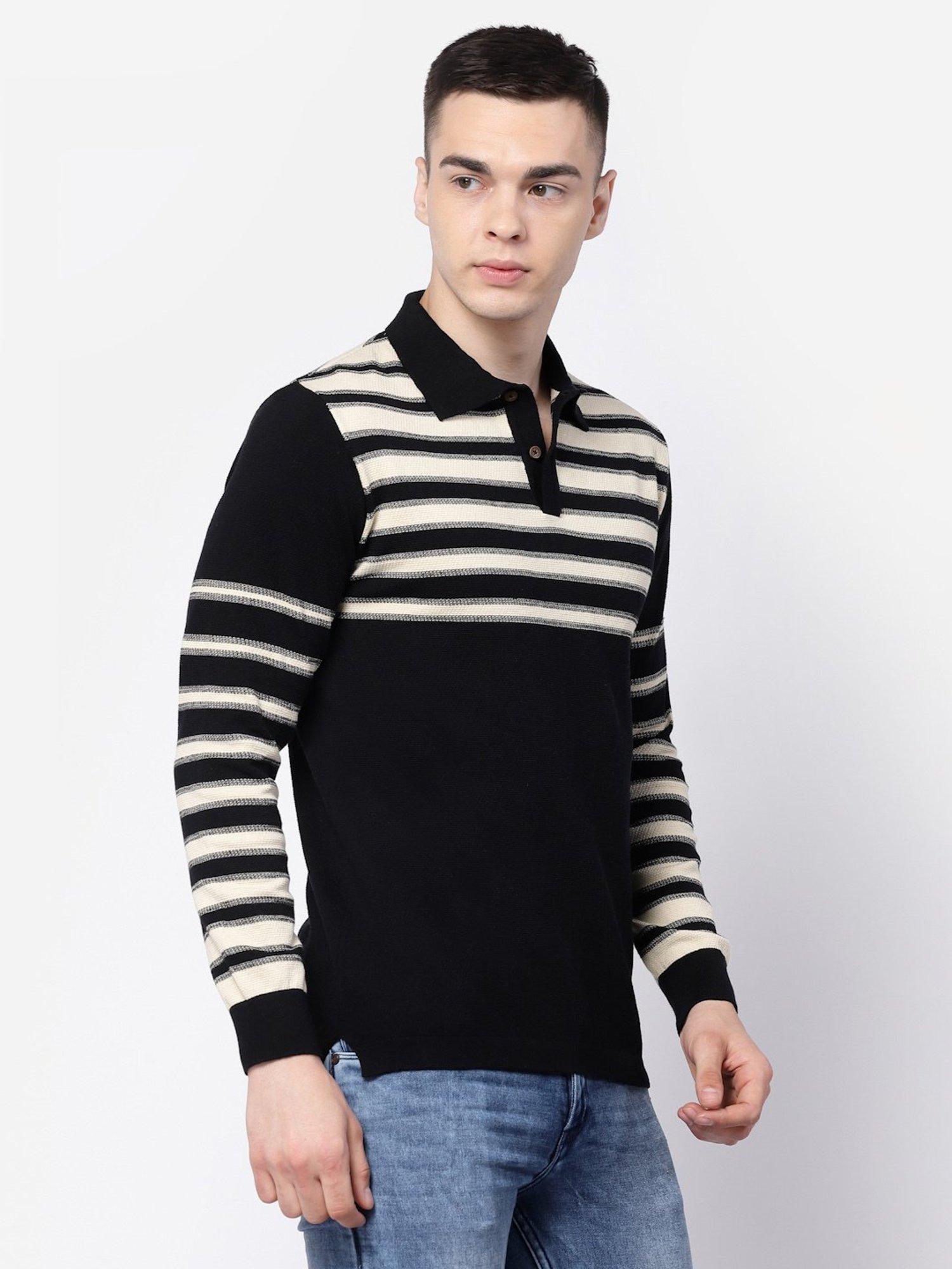 Kalt Black & Cream Regular Fit Striped Polo T-Shirt
