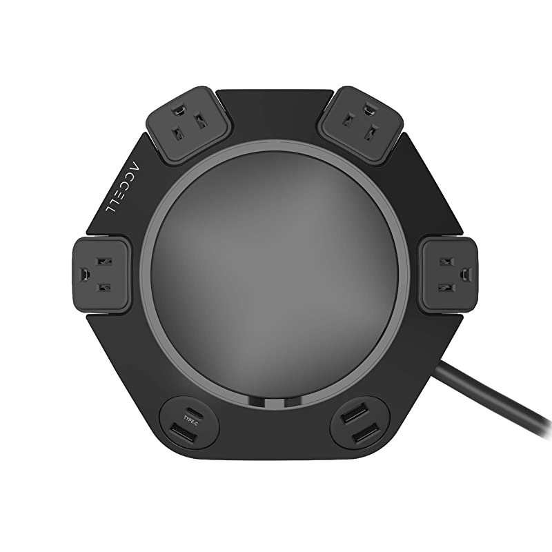 Power Office Perfect IoT hub Holder for Echo Dot 3rd4th Generation and Google Home Mini with 4 Protected outlets 3 USBA and 1 USBC Charging Ports Black 8ft Cord