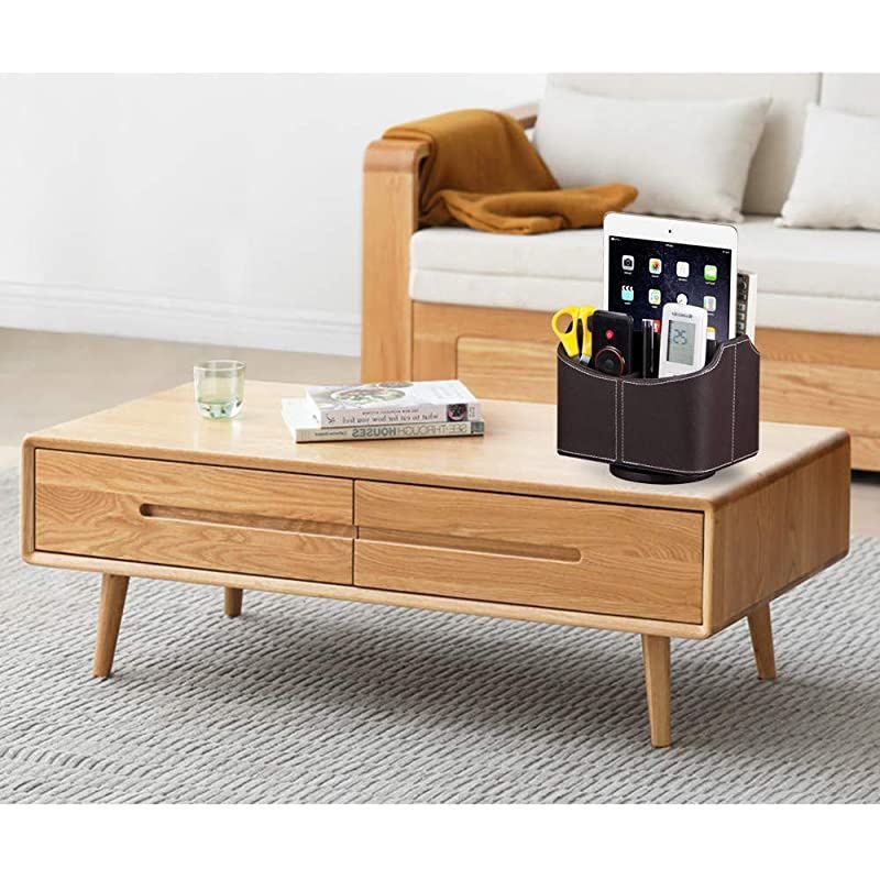 Control Holder PU Leather 360 Degrees Rotatable Desktop Supply Organizer Storage Box for Controllers Media Stationery Nightstand TV Caddy Ereader iPad Phone PenPencil CosmeticBrown