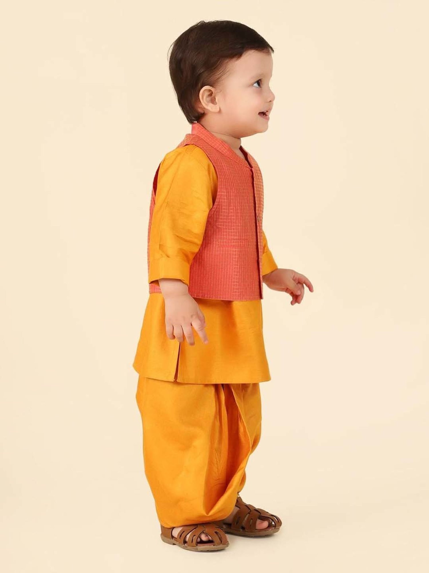 Fabindia Kids Yellow Chequered Kurta, Dhoti & Nehru Jacket