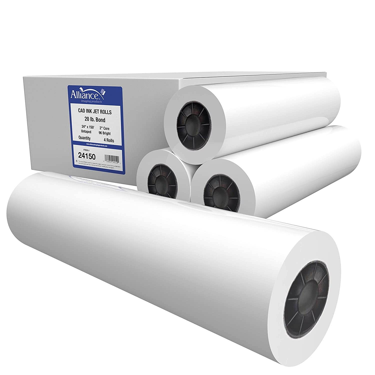 Alliance CAD Paper Rolls, 24&rdquo; x 150, 96 Bright, 20lb - 4 Rolls Per Carton - Ink Jet Bond Rolls with 2" Core
