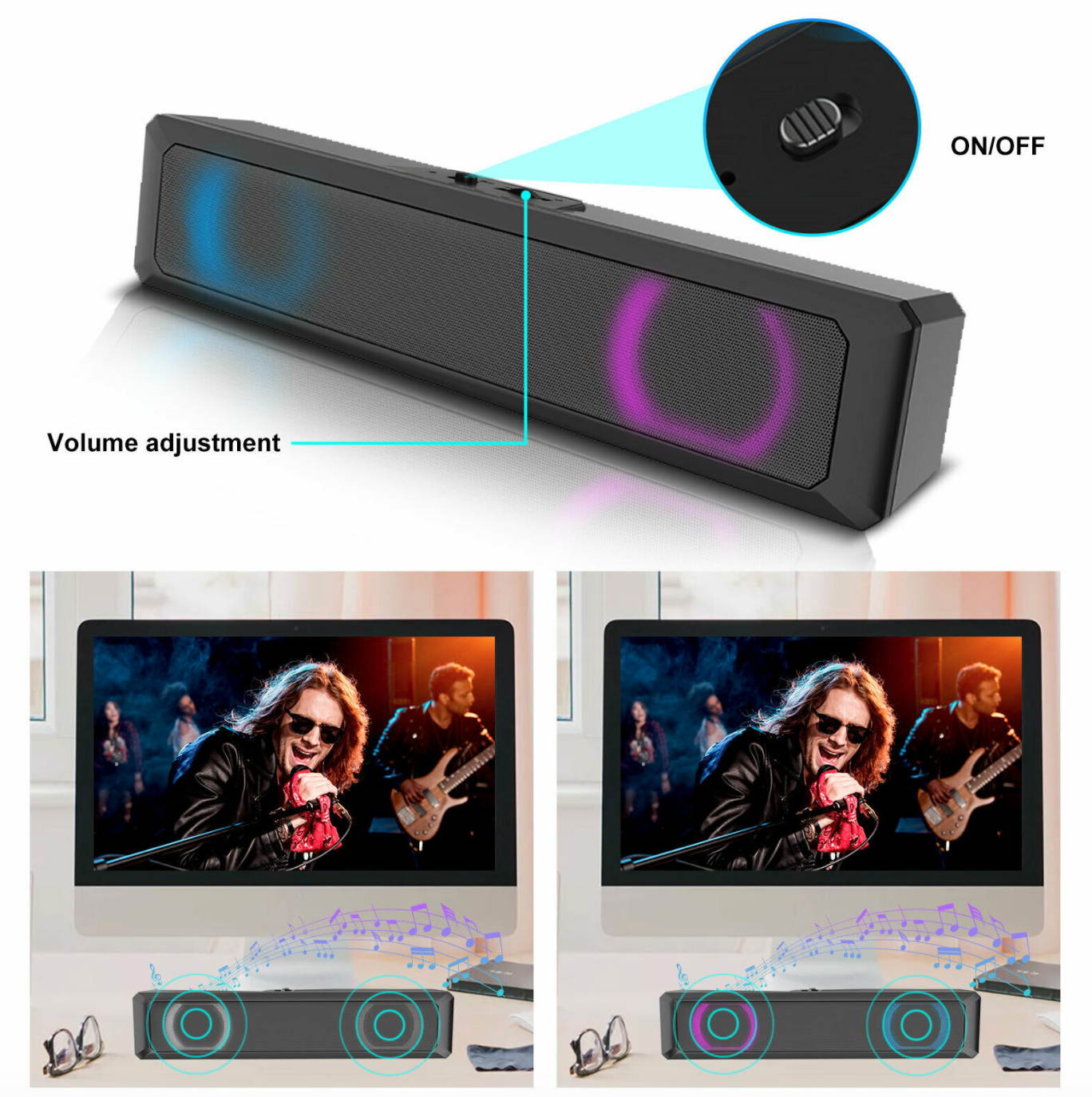 Computer Stereo Soundbar Speaker USB Powered 7 color LED For PC Desktop Laptop