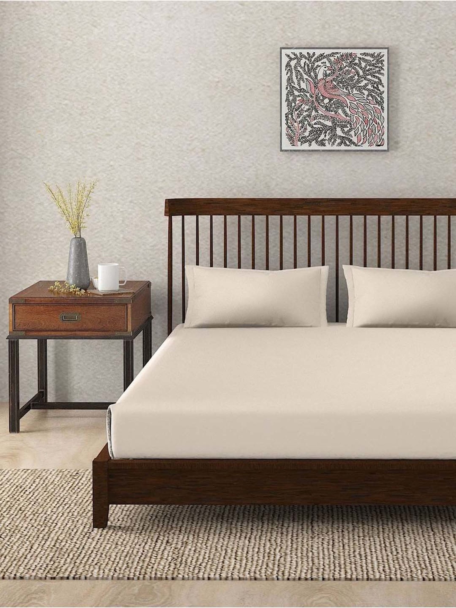 Fabindia Peach Cotton 180 TC Double Bed Sheet With Pillow Covers