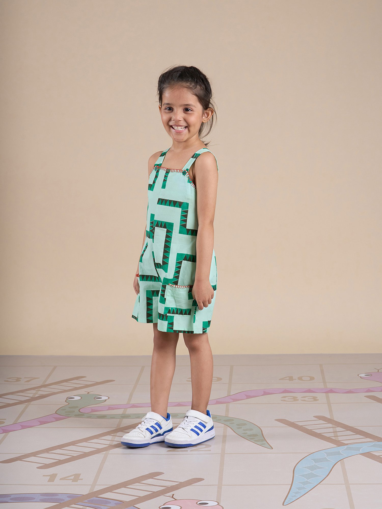 Lil Drama Kids Green Printed Jumpsuit