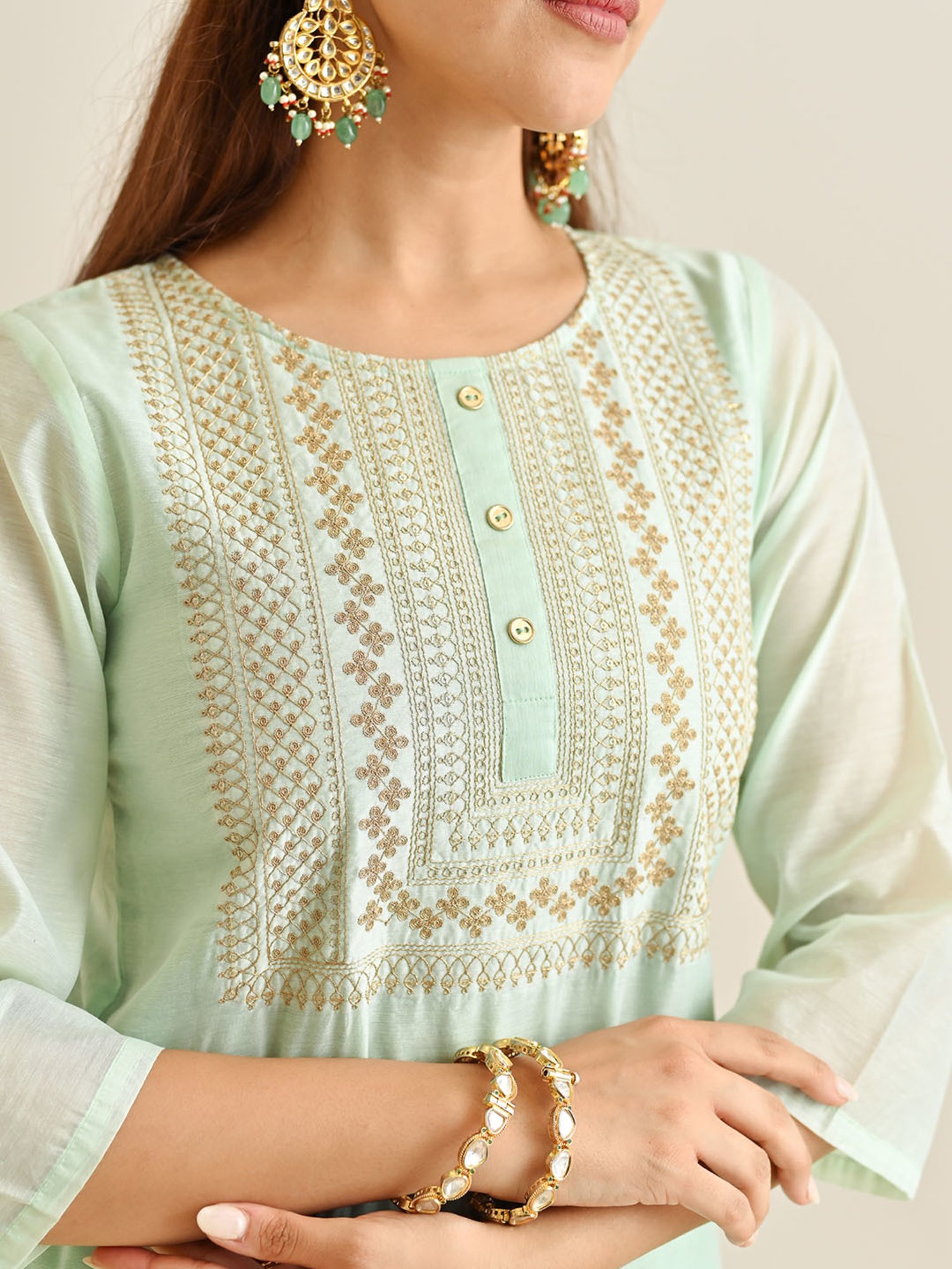 Rustorange Mint Green Embroidered Kurta With Pant & Dupatta