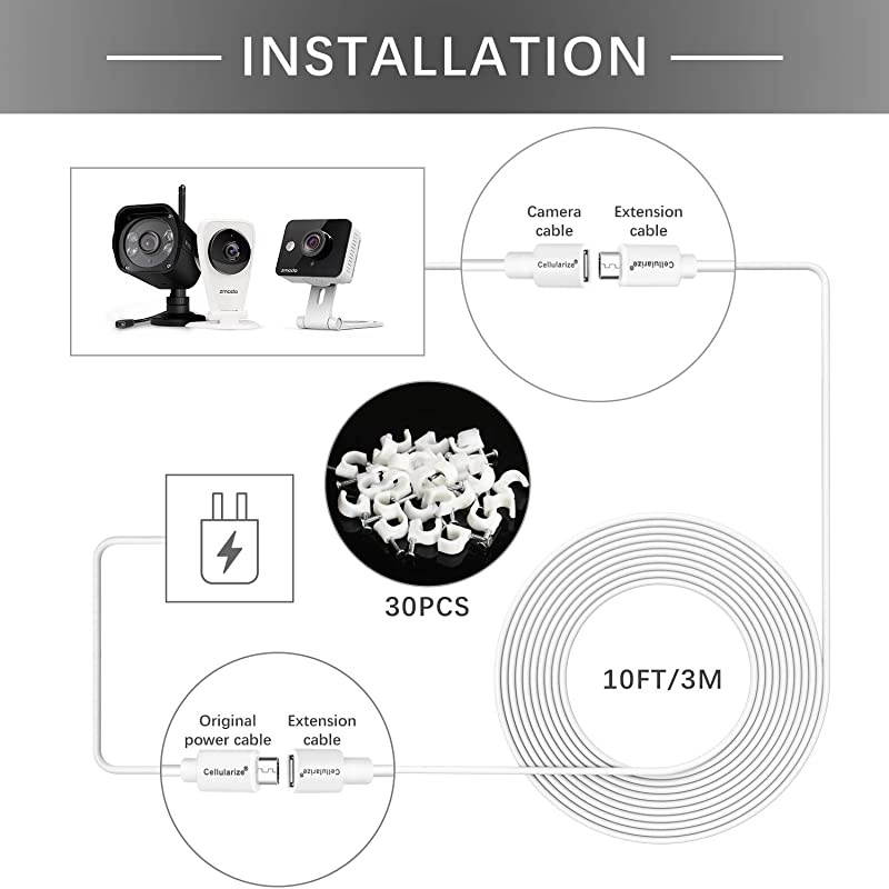2 Pack] Micro USB Extension Cable (White, 3M/10FT) Male to Female Extender Power Cord Compatible with WyzeCam Wireless Security Cameras, Arlo Pro (Cable Clips Included)