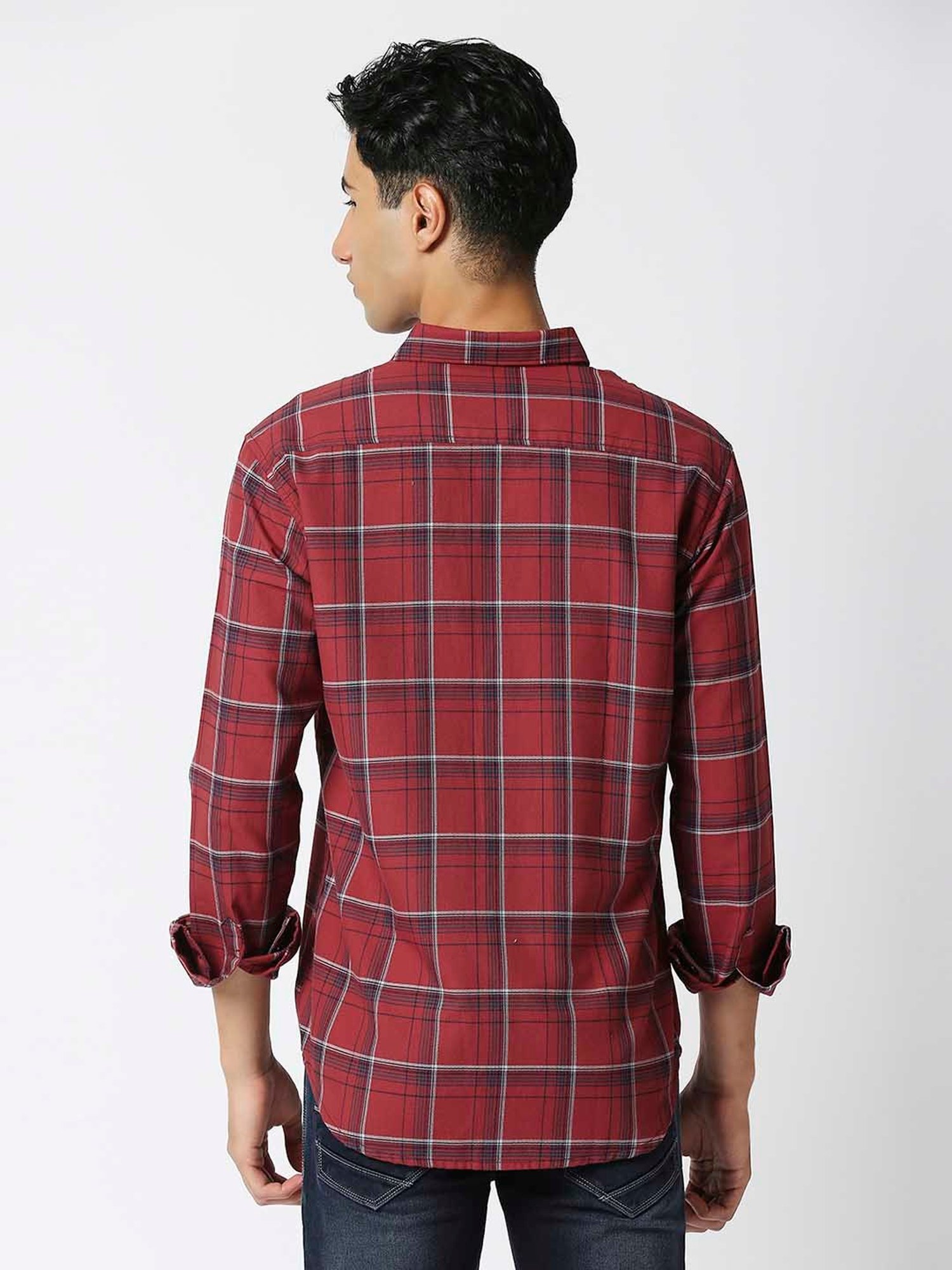 HJ HASASI Red Slim Fit Check Cotton Shirt