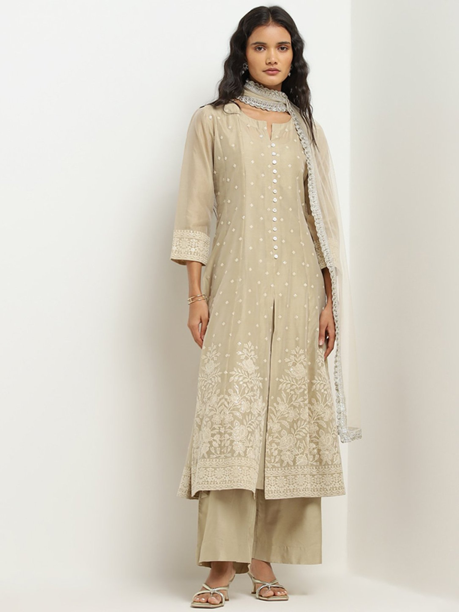 Vark by Westside Beige Embroidered A-Line Kurta, Pants and Dupatta Set