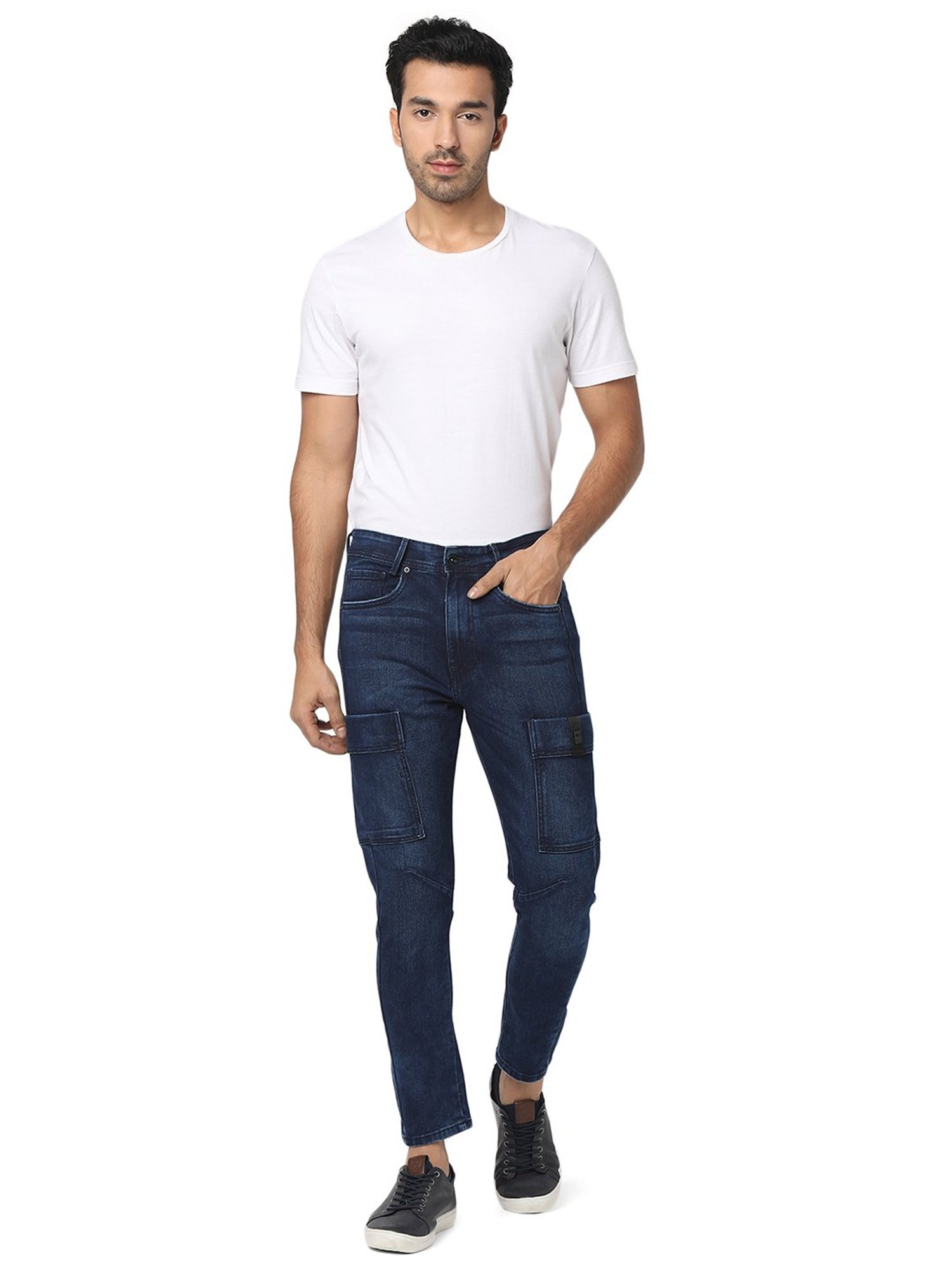 Mufti Dark Blue Carrot Fit Lightly Washed Jeans