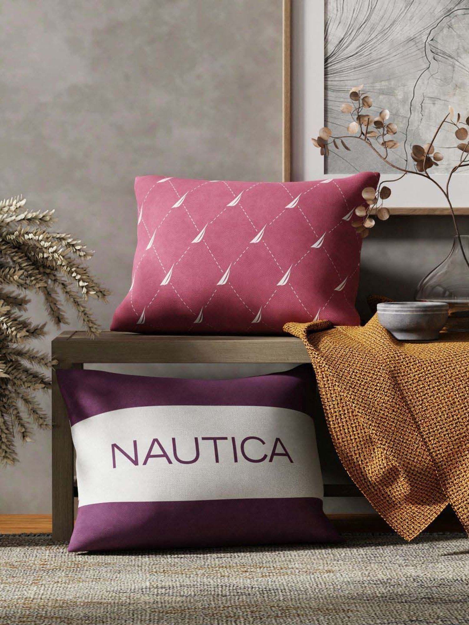 Nautica Logo Stripe Dull Pink & Grape Microfibre 300 GSM Premium Cushion Covers - Set of 2