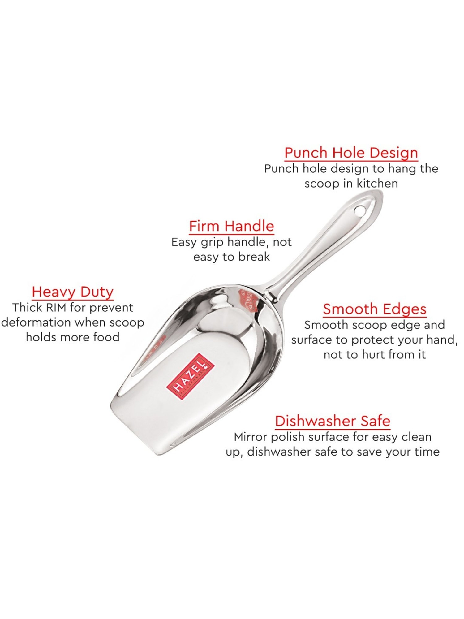 HAZEL Silver Stainless Steel Extra Large Kitchen Scoop for Grocery