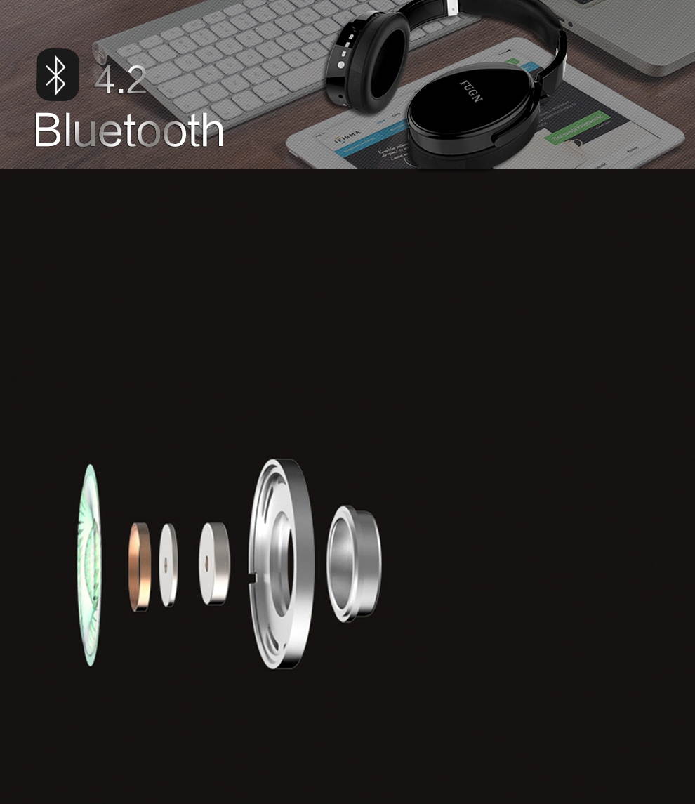 FUGN V4.2 Bluetooth Also With 3.5mm Audio  Headphones, Wireless Headphone Over-ear earphones HiFi Stereo Adjustable Headsets Noise Reduction, Big Capacity Battery -Grey