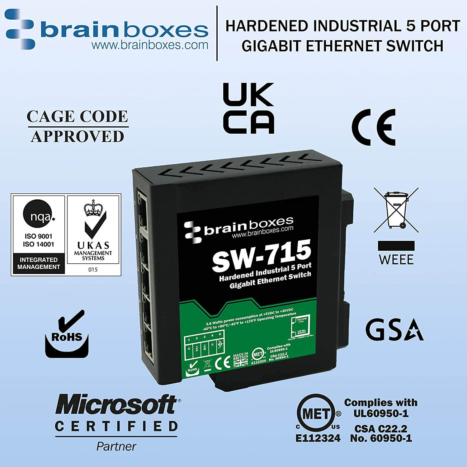 Brainboxes - SW-715 - Brainboxes Hardened Industrial 5 Port Gigabit Ethernet Switch DIN Rail Mountable - 5 Ports - TAA Compliant - 2 Layer Supported - Twisted Pair - DIN Rail Mountable - Lifetime