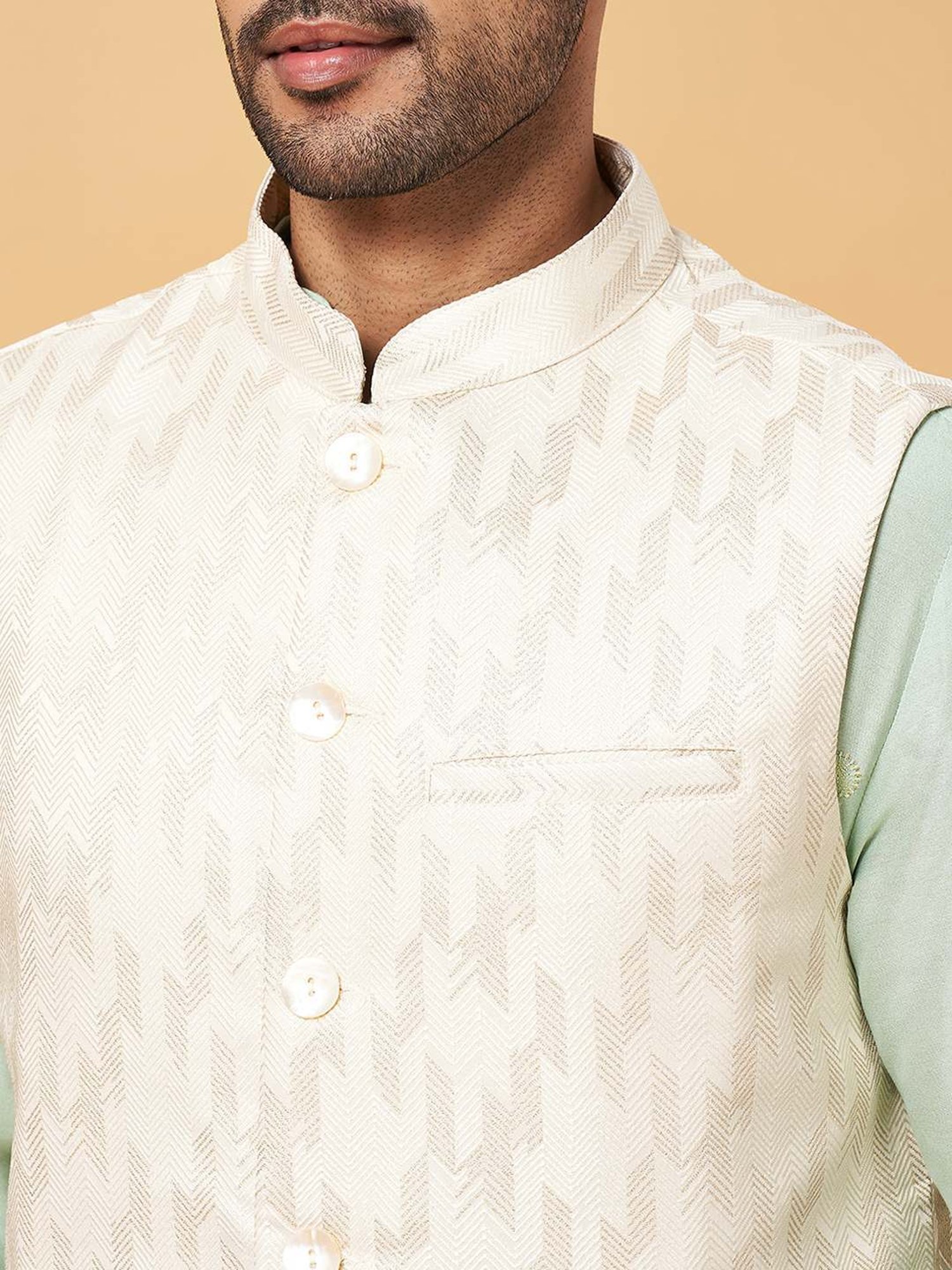 Indus Route by Pantaloons Off White Regular Fit Self Pattern Nehru Jacket