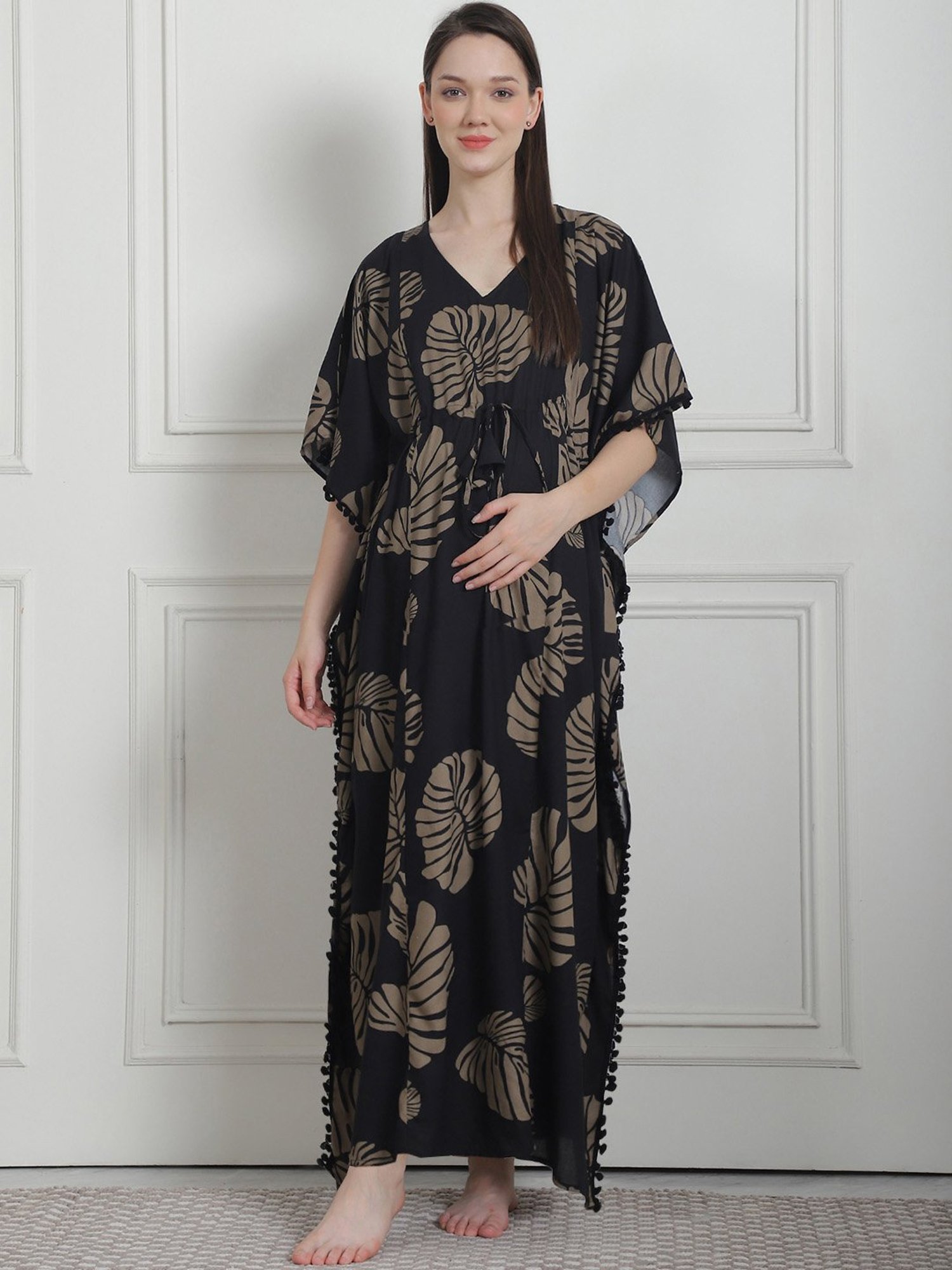 Secret Wish Black Floral Print Maternity Kaftan Nighty