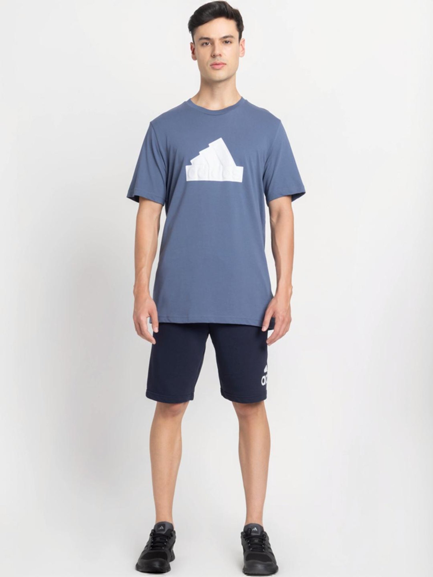 Adidas Blue Cotton Regular Fit Logo Printed Sports T-Shirt