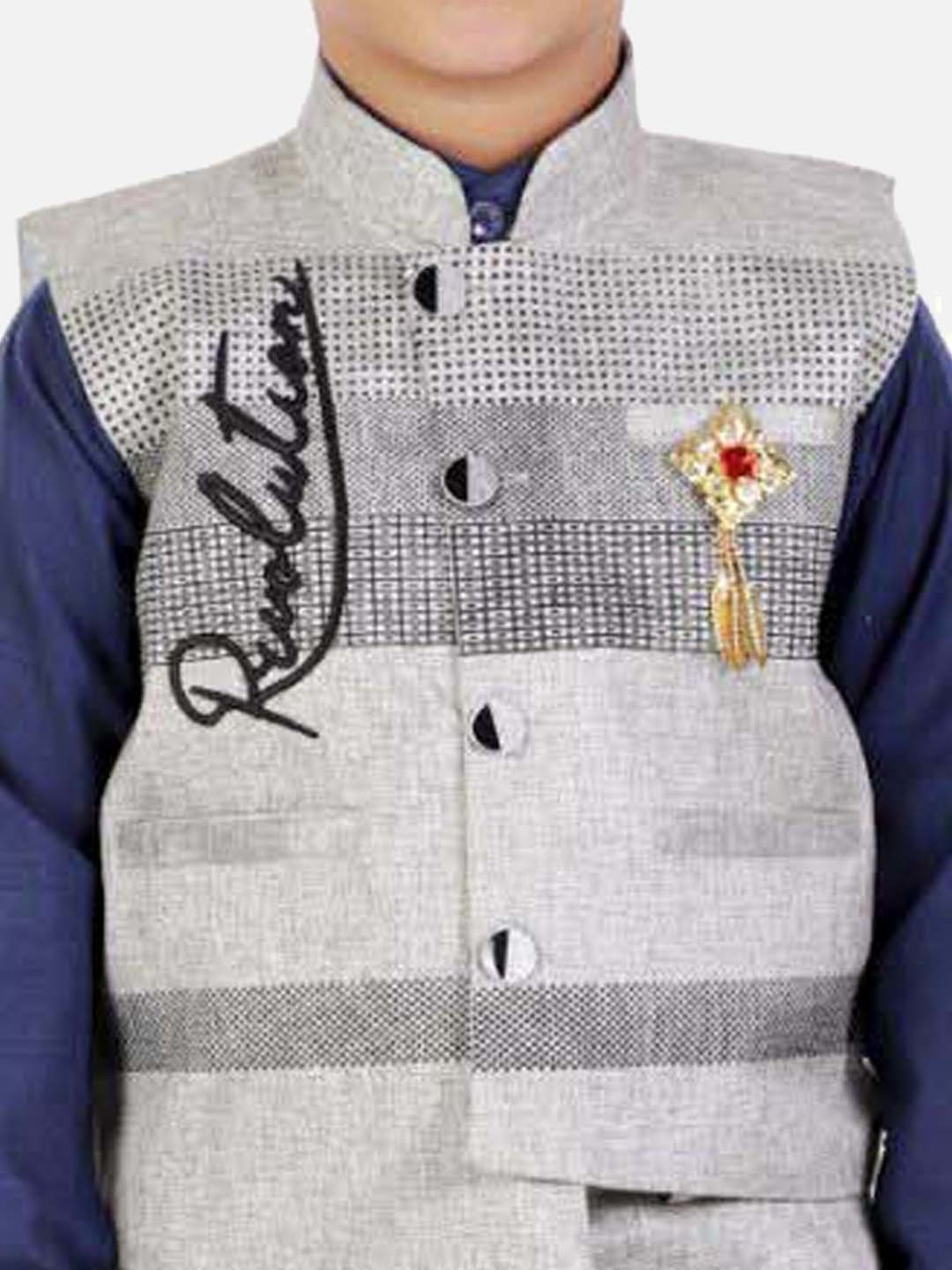 Fourfolds Boys Navy Blue Solid Full Sleeves Clothing Set