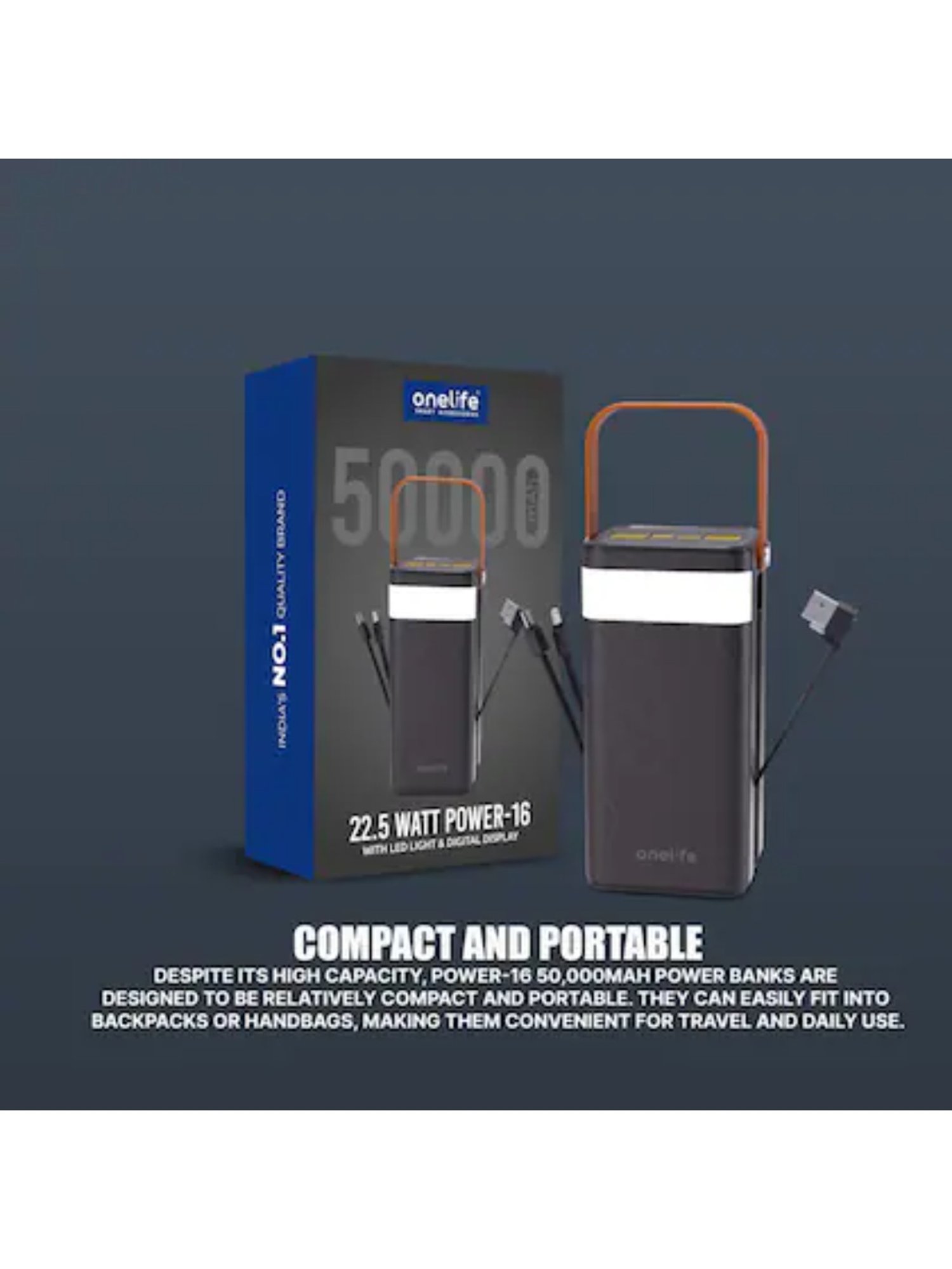 Onelife Power 16, 50000 mAh 22.5W Quick Charge Power Bank with Led Torch (Black)