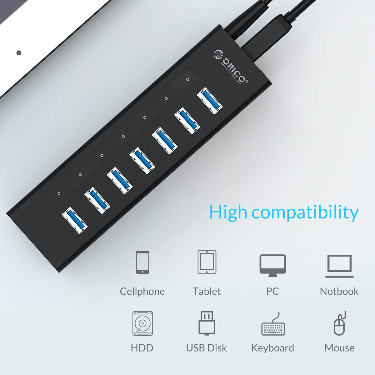 ORICO Aluminum 7 Ports USB 3.0 HUB with 3.3Ft. USB 3.0 Date Cable and 12V/2.5A Power Supply for Macbook,PC,Laptops (HUB is not a Charger,Data transfer Only)- Black (A3H7-V1-US)