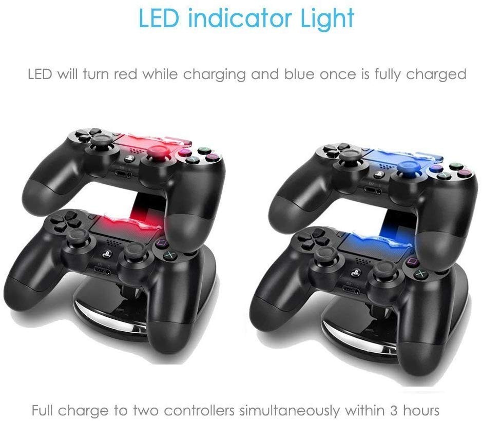 Nurbenn PS4 Controller Charger PlayStation4 Controller Charger Station for Sony PS4/ PS4 Pro/ PS4 Slim Controller with Solid Light Strap