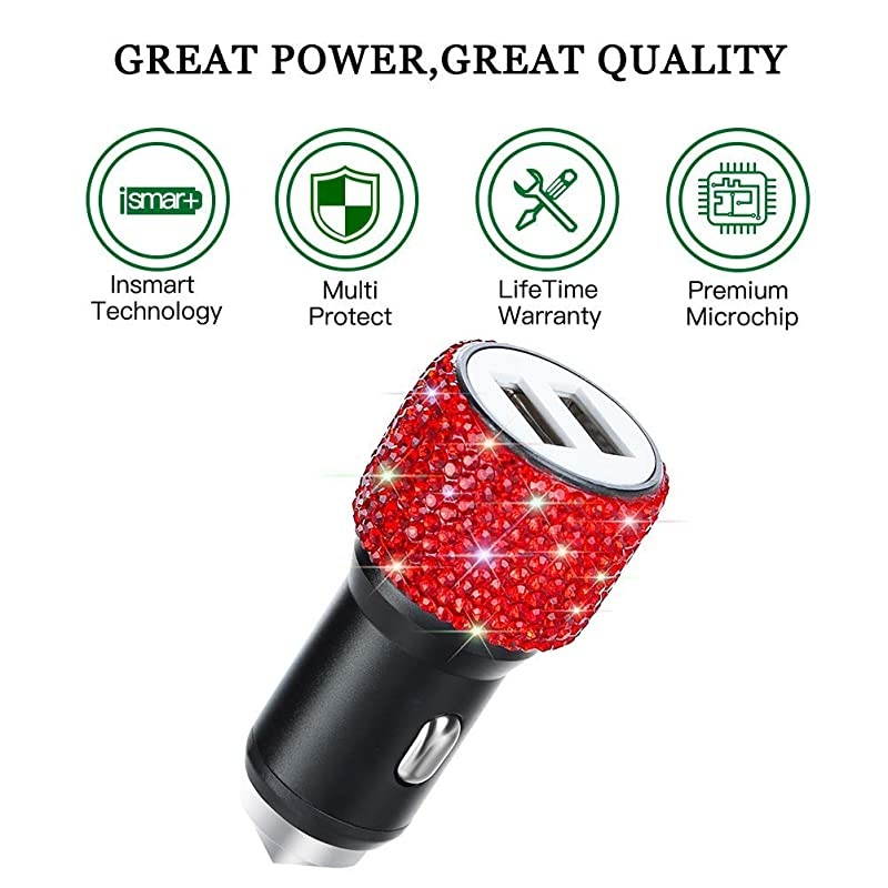 Dual USB Car Charger Car Adapter Bling Bling Rhinestones Crystal Car Decorations for Fast Charging Car Decors for iPhone Xs Max X Plus iPad ProMini Samsung
