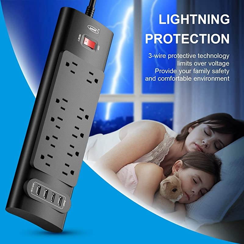 Power Strip,  Surge Protector with 10 AC Outlets and 4 USB Charging Ports,1875W/15A, 2100 Joules, 6 Feet Long Extension Cord for Smartphone Tablets Home,Office, Hotel, ETL Listed- Black