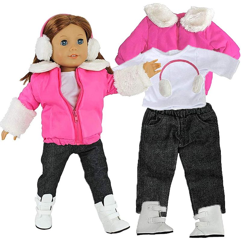 Dress Along Dolly Winter Snow Doll Outfit for American Girl Doll - Pink, 5 Piece