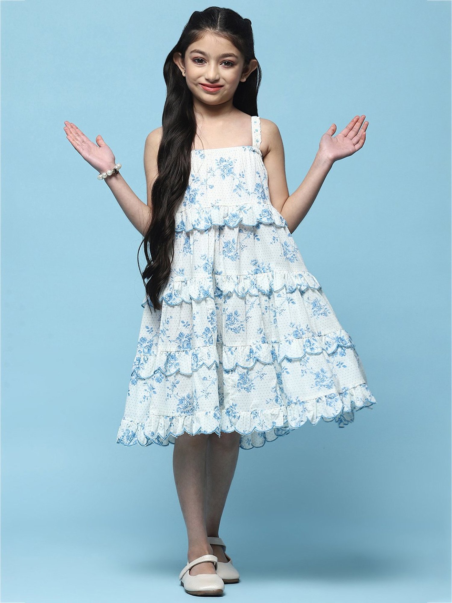 BIBA Girls White & Blue Floral Print Dress
