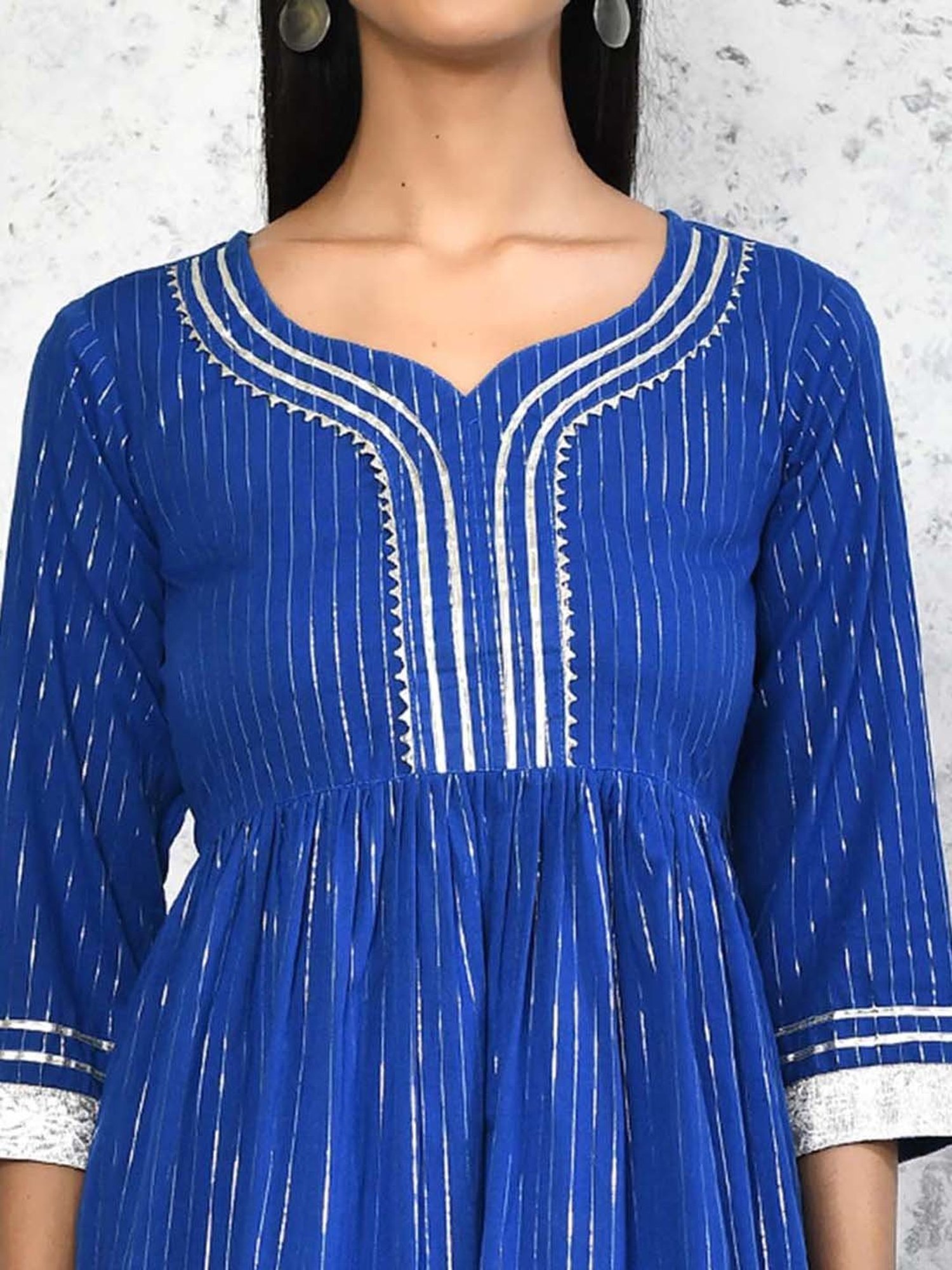 Miravan Blue Cotton Striped Kurta Sharara Set