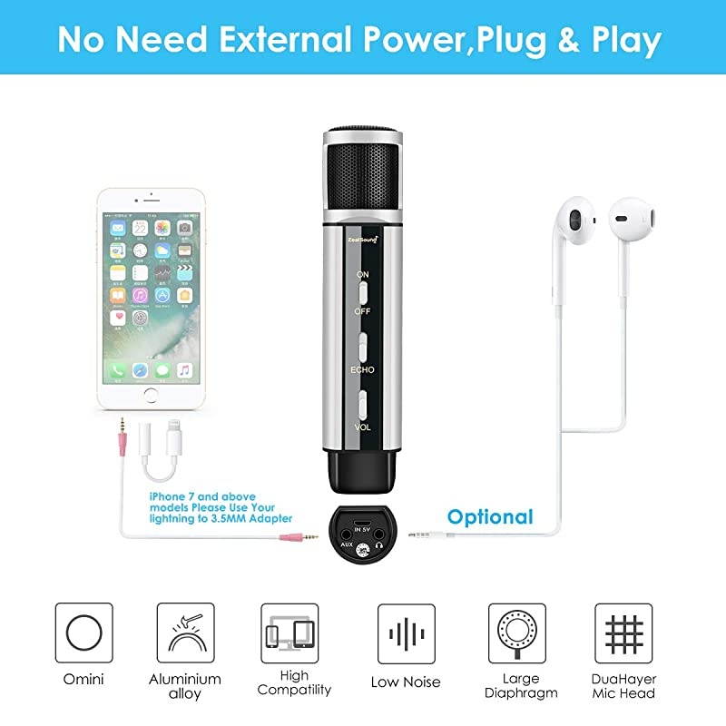 Studio Microphone  Condenser Studio Microphone with Builtin Sound Card and Echo Effect Vocal Recording Computer Microphone wTripod Stand for YouTube PC Laptop Tablet and PhoneSilver