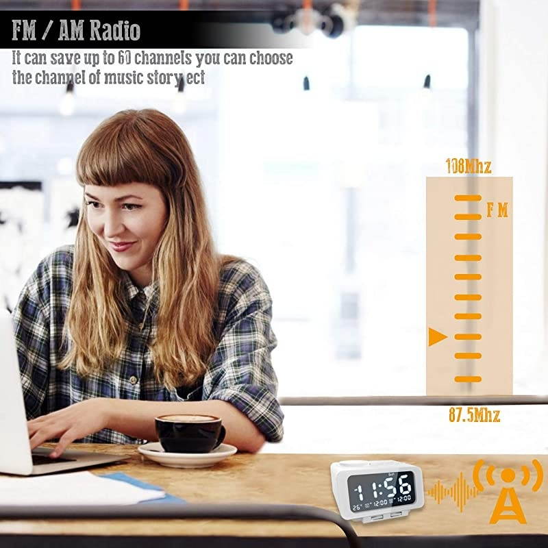 Alarm Clock Radio - FM Radio, Dual USB Port for Charging, Temperature Display, Dual Alarms, 5 Level Brightness Dimmer, Adjustable Alarm Volume, Sleep Timer for Bedrooms - White