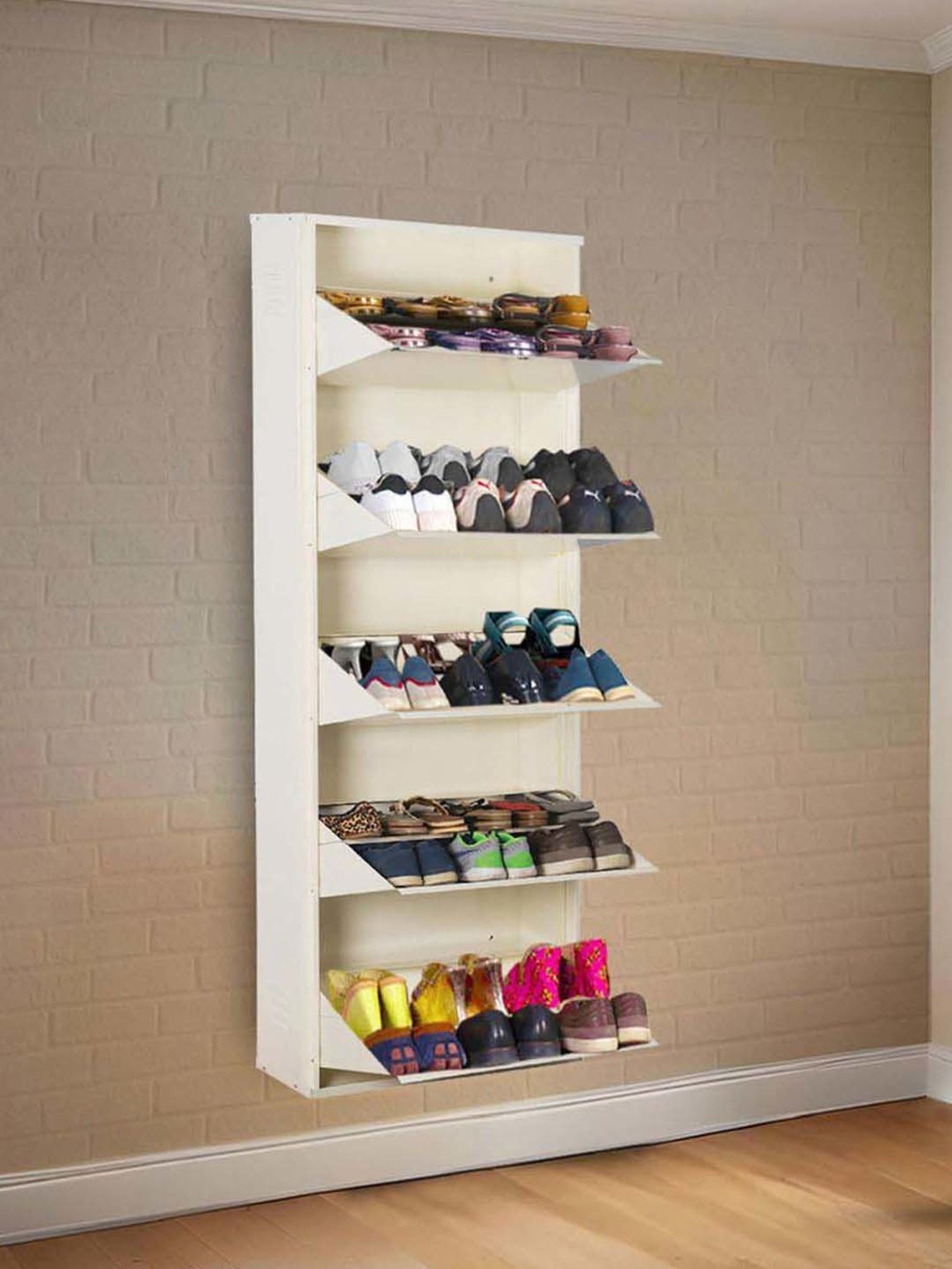 Delite Kom Metal Shoe Rack - 24" 10 Shelf, Double Decker, Ivory, PowderCoat, Wall Mount, DIY