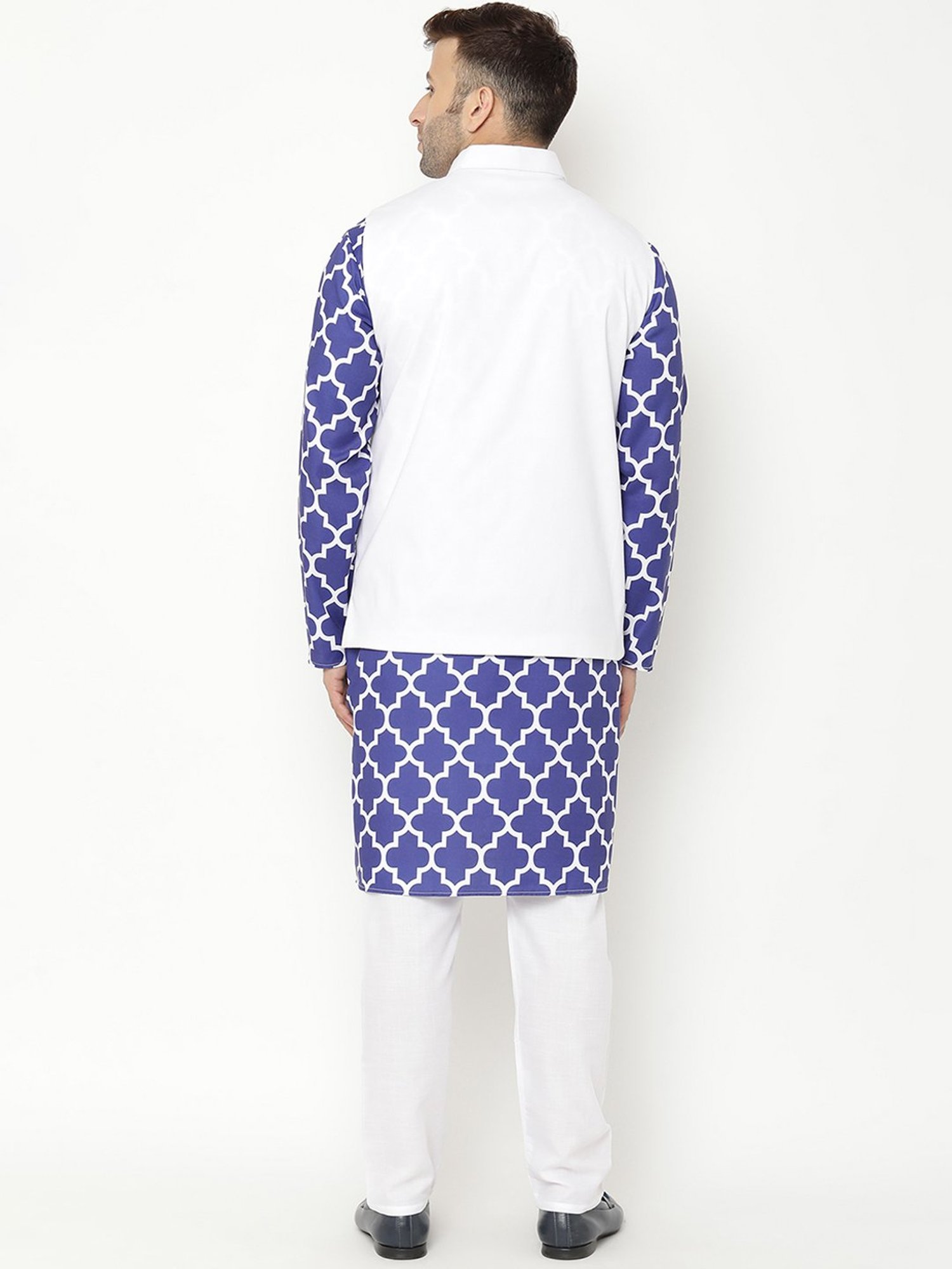 Hangup Navy & White Regular Fit Printed Kurta Bottom & Jacket Set