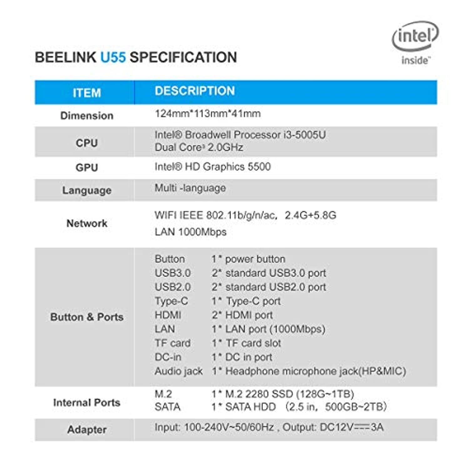 Mini PC Beelink U55 Intel core i3-5005U Windows 10 64-bit Mini Desktop Computer,Dual HDMI / 2.4G+5G WiFi/Gigabit Ethernet/Type-C Port / 4 USB Ports (U55 8+128G)