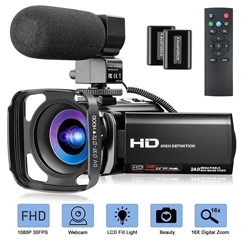 Camera Full HD 1080P 30FPS 24MP YouTube Camera Camcorder 3.0 Inch 270&deg; Rotation IPS Screen 16X Digital Zoom Vlogging Camera with Microphone, Remote, Lens Hood, 2 Batteries