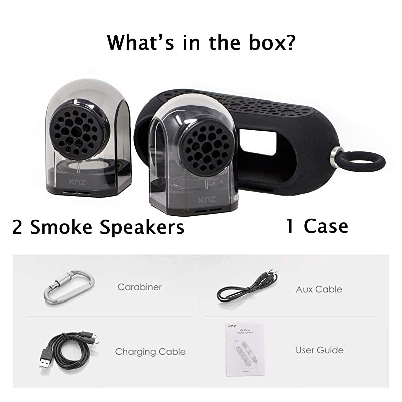 GoDuo Portable Bluetooth True Wireless Speakers with Magnetic Connectable Base LR Stereo Sound and Bass Water and Shock Resistant 18 Hr Playtime BuiltIn Mic Protective Carrying Case Smoke