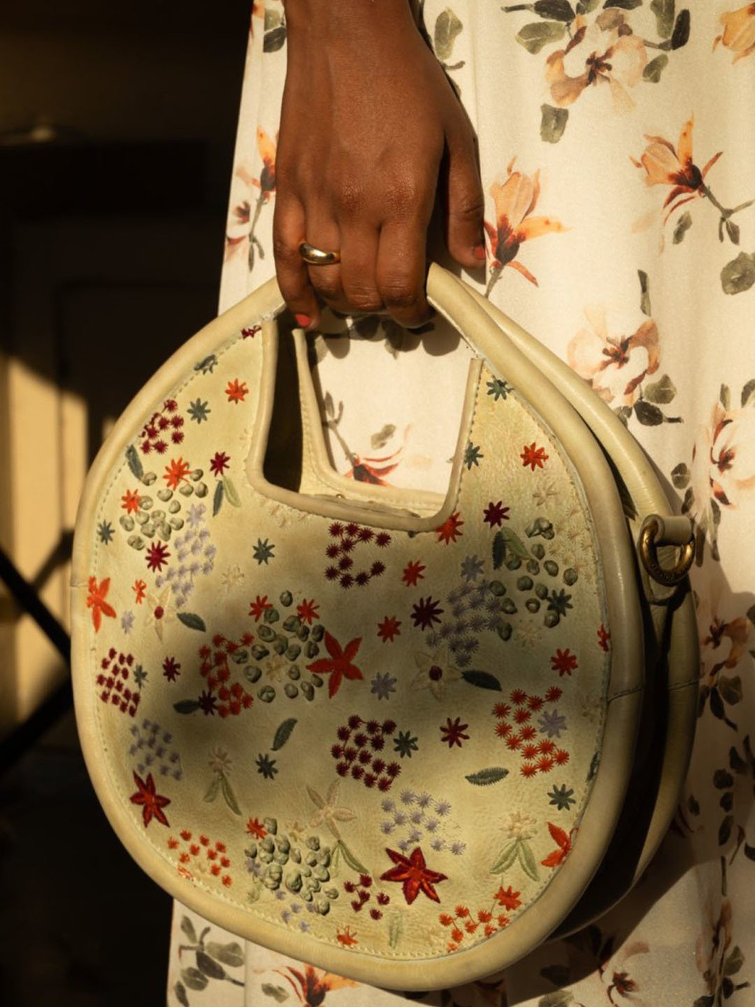 Art N Vintage Floral Bliss Green Leather Embroidered Large Handbag