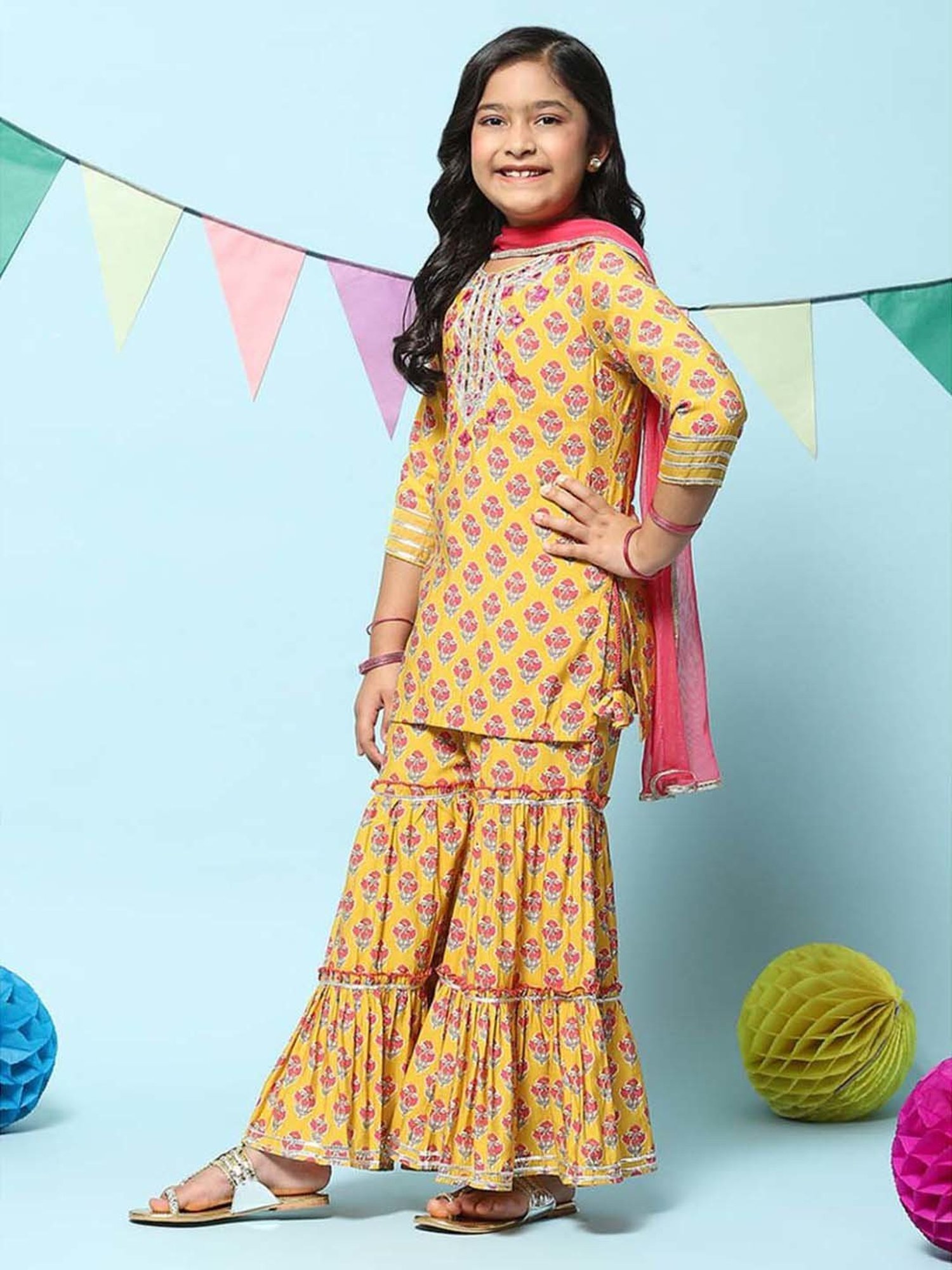 BIBA Girls Kids Yellow & Pink Floral Print Kurta Set