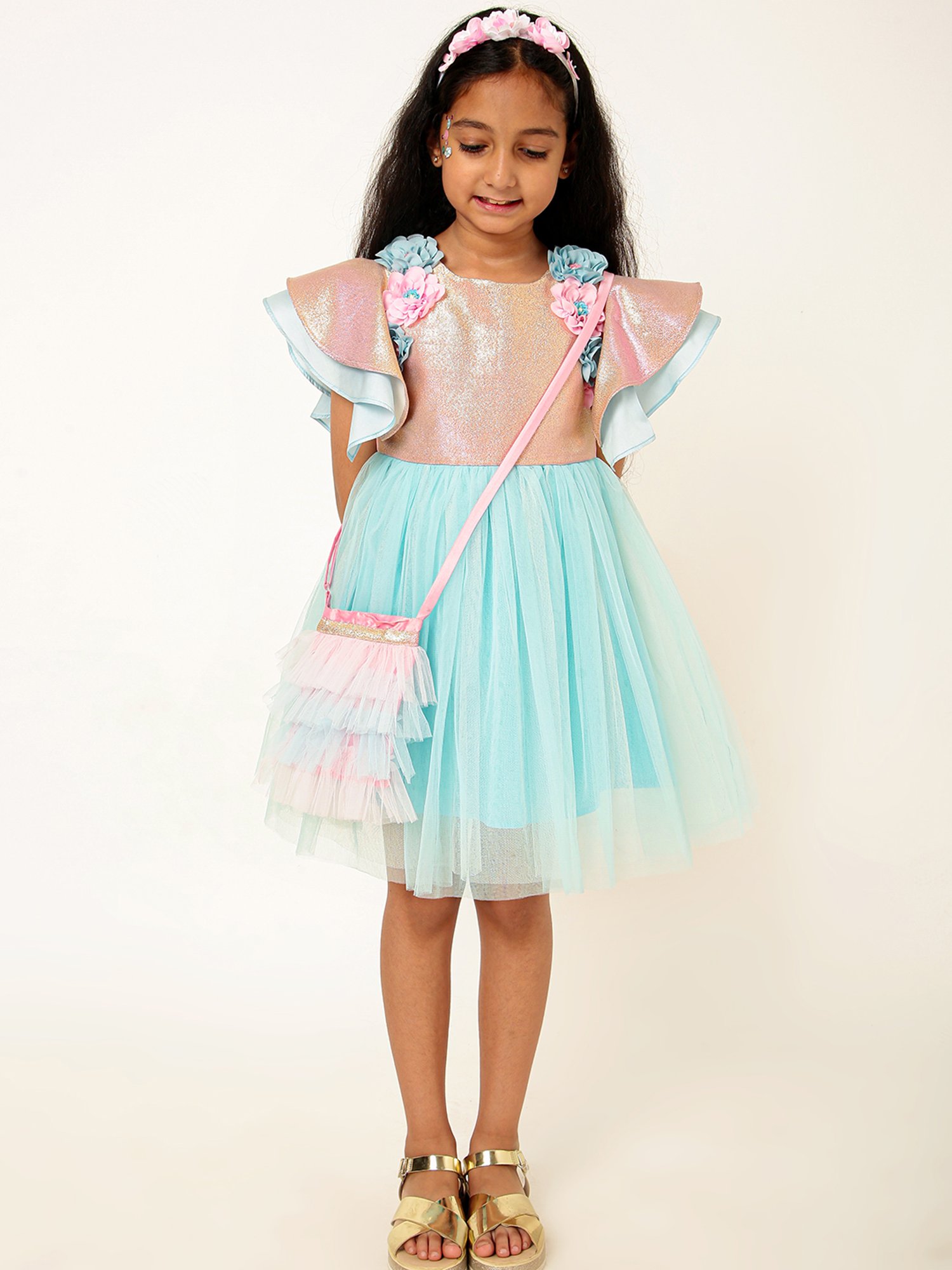 A Little Fable Girls Peach & Blue Shimmer Dress